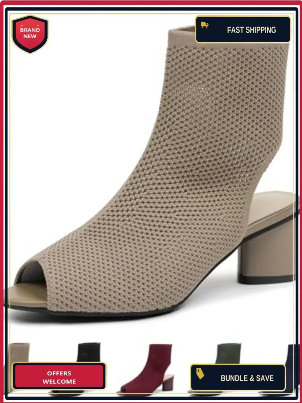 Knit Peep Toe Slingback Chunky Heel Ankle Booties Open Pointed Toe Hollow